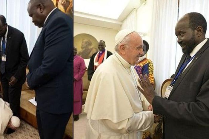 Pope Francis surprises Sudanese leaders as he kneels down to kiss their feet (photos)