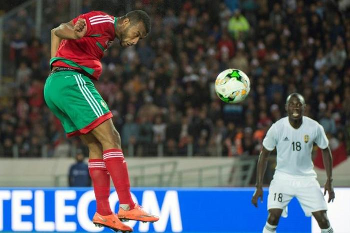 Ayoub el Kaabi, the star of the Morocco team that hosted and won the 2018 African Nations Championship, scores one of his nine goals in that tournament