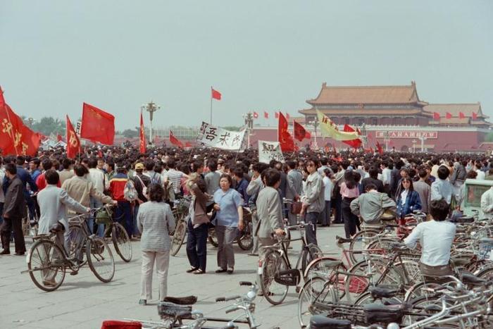 People gather at Tiananmen Square on May 15, 1989, disrupting a scheduled visit by reformist Soviet leader Mikhail Gorbachev