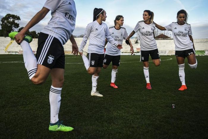 Benfica women's players at the end of their latest big victory, against Damaiense at Tapadinha stadium in Lisbon