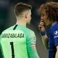 Chelsea goalkeeper Kepa Arrizabalaga (left) talks with defender David Luiz during the League Cup final against Manchester City at Wembley