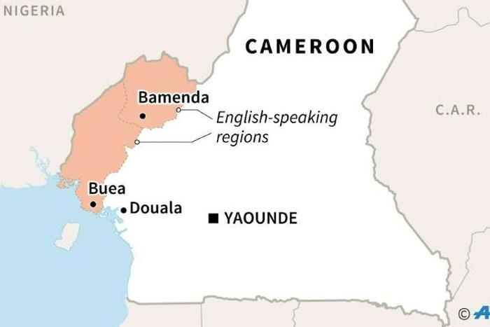 Map of Cameroon locating English-speaking regions and their capitals, Bamenda and Buea