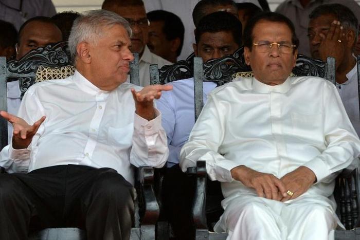 Sri Lanka President Maithripala Sirisena (right) and Prime Minister Ranil Wickremesinghe at a ceremony May 1 marking the 26th anniversary of the assassination of then-president Ranasinghe Premadasa