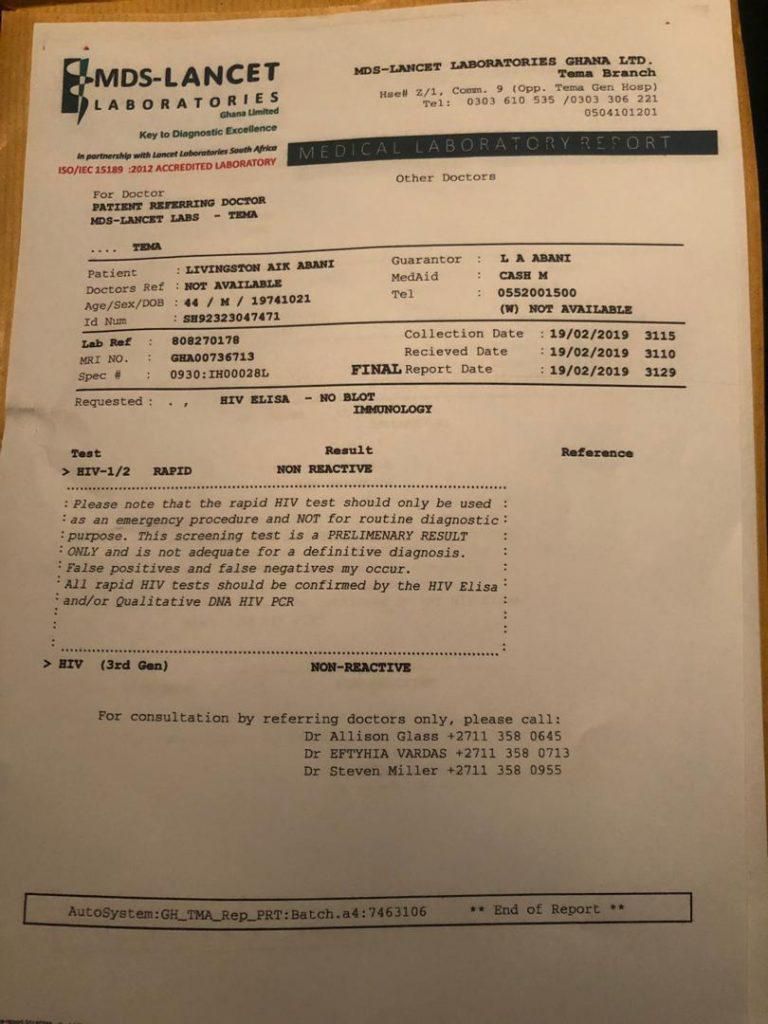 Mr Livingston Aik Abani test result