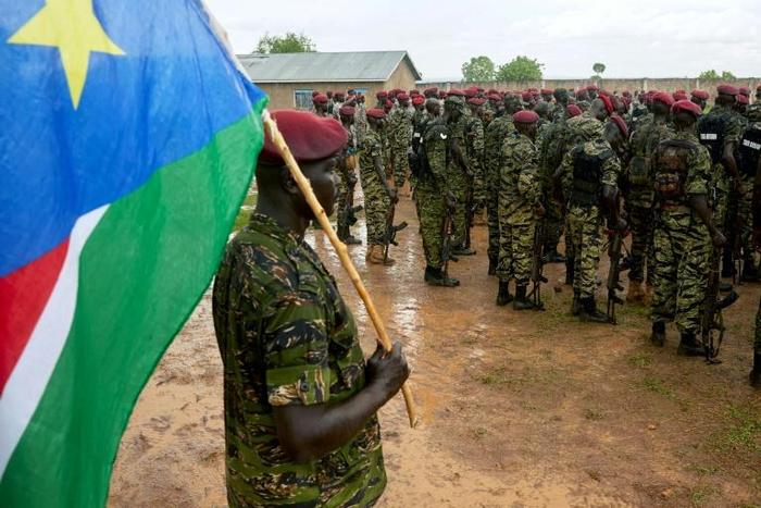 Members of South Sudan People's Defence Forces (SSPDF), formerly named Sudan People's Liberation Army (SPLA), assigned as South Sudan's presidential guard drill at their barracks just south of the capital Juba