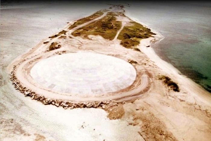The huge dome built over top of a crater left by one of the nuclear nuclear tests over Runit Island in Enewetak in the Marshall Islands