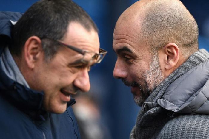Manchester City manager Pep Guardiola (right) greets Chelsea's Maurizio Sarri