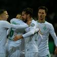 Martin Harnik (second from right) celebrates scoring Werder Bremen's equaliser to make it 3-3 against Borussia Dortmund