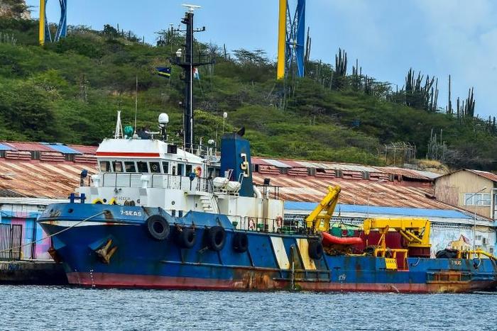 The Seven Seas supply ship, scheduled to transport two containers with aid to Venezuela, remains moored in a port of Willemstad, Curaçao, Netherlands Antilles, on February 24, 2019
