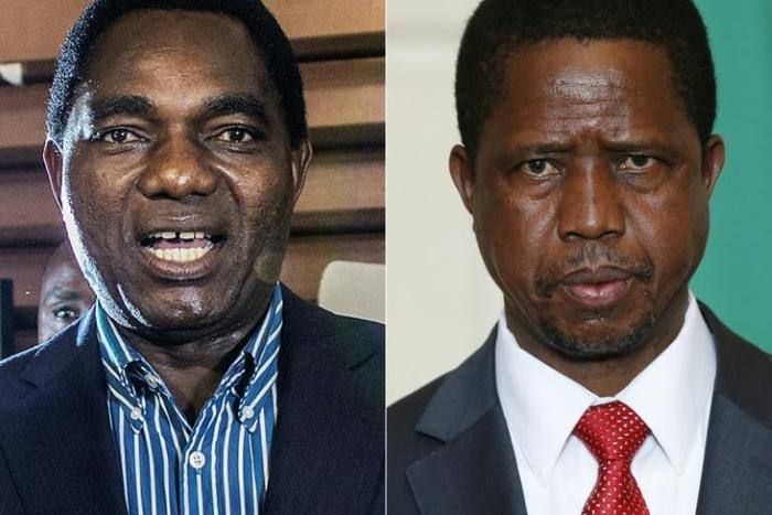 Hakainde Hichilema (left), head of the United Party for National Development (UPND) opposition, and President Edgar Lungu