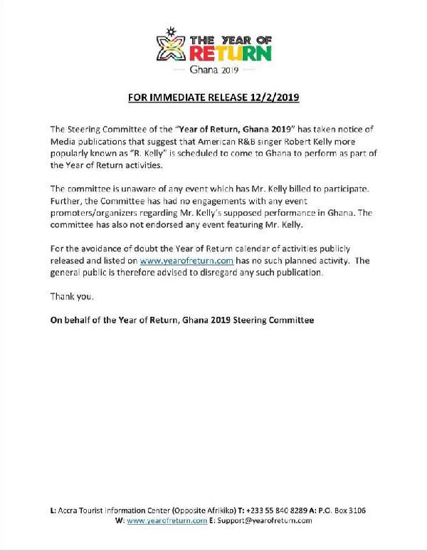 R. Kelly won’t perform at Ghana’s 'Year of Return' – Committee