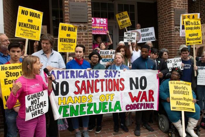 US leftists protest at the Venezuelan embassy against seating a delegation from US-recognized leader Juan Guaido
