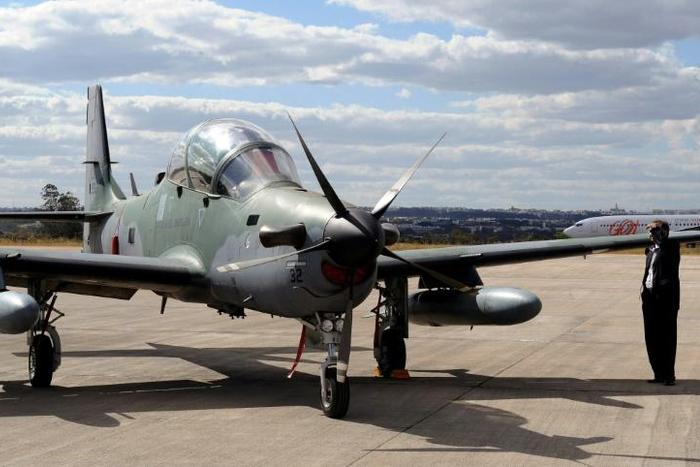 A Super Tucano aircraft on display during a defense fair at Brasilia's Air Base in 2012