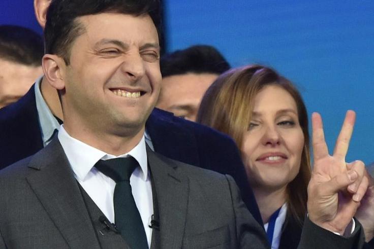 Ukrainian comedian and presidential candidate Volodymyr Zelensky makes the V for victory sign during a presidential election debate with incumbent Petro Poroshenko. Kolensky is widely tipped to win by a large margin