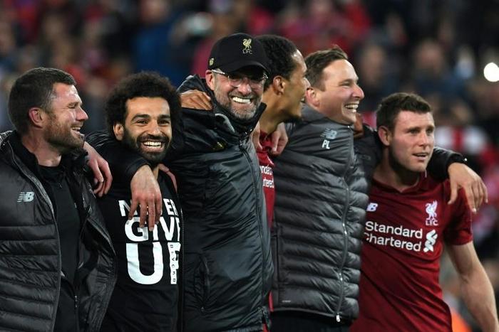 Liverpool manager Jurgen Klopp (centre) hopes to have Mohamed Salah (second left) fit for Sunday's Premier League finale against Wolves