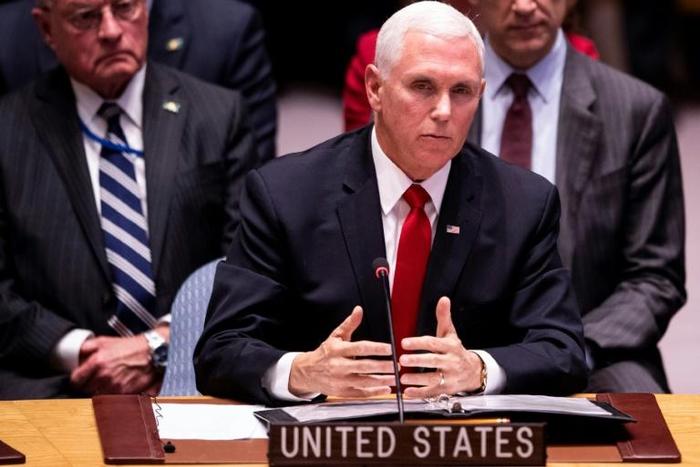 US Vice President Mike Pence speaks during a Security Council meeting about the situation in Venezuela at the United Nations in New York on April 10, 2019 in New York City