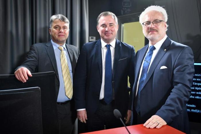 Latvian presidential candidates (left to right) Juris Jansons, Didzis Smits and frontrunner Egils Levits