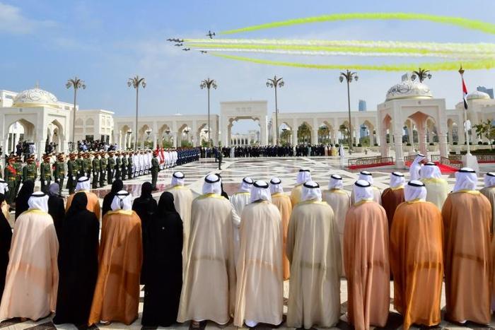 Aircraft fly over the presidential palace in Abu Dhabi during a reception for Pope Francis