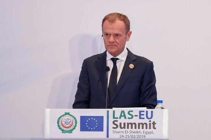 European Council President Donald Tusk attends a press conference during the closing session of the EU-Arab summit in Egypt's Sharm el-Sheikh on February 25, 2019