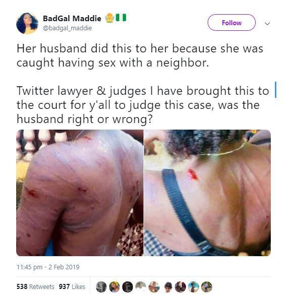Whose daughter is this? Man flogs wife brutally for cheating with neighbour (Photos)