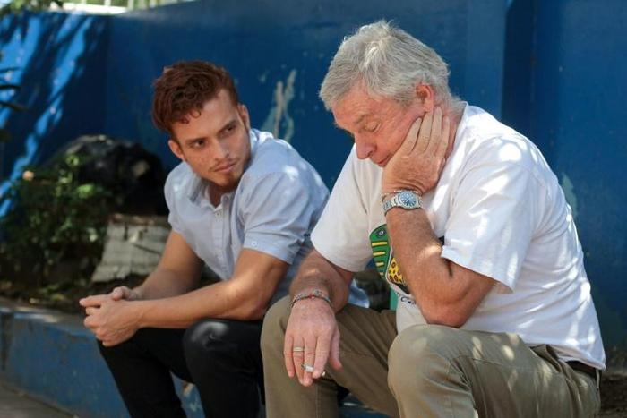 Frederic Coppens (R), of Belgium, the father of imprisoned Belgian-Nicaraguan student leader Amaya Coppens, reacts next to Adam Gabriel Enriquez, husband of imprisoned student Yaritza Rostran, on March 7, 2019 during a hunger strike by the prisoners