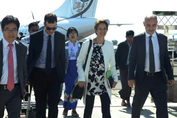 UN Special Envoy for Myanmar Christine Schraner Burgener (2nd-R) arrives at the airport in Sittwe, capital of Rakhine state the home of persecuted Rohingya Muslim minority on January 22, 2019.