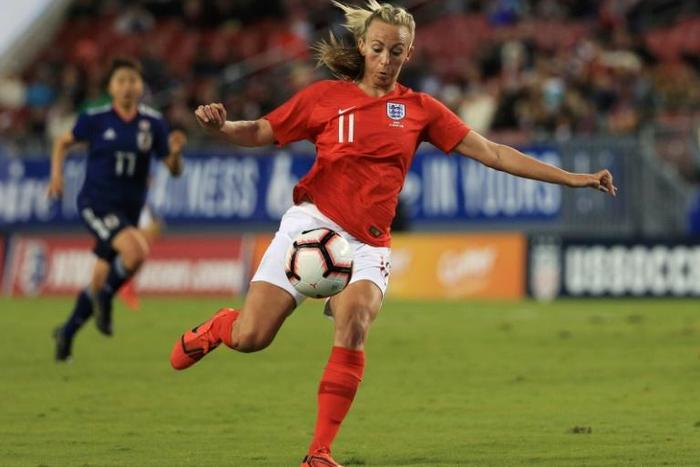 England's Toni Duggan prepares to kick the ball during a 3-0 victory over Japan to clinch the SheBelieves Cup title on Tuesday