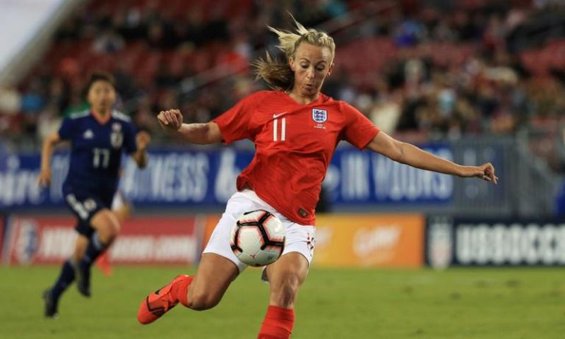 England's Toni Duggan prepares to kick the ball during a 3-0 victory over Japan to clinch the SheBelieves Cup title on Tuesday