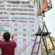 Indian election officials in Bangalore erect a banner with the list of constituencies at a counting centre on the eve of vote-tally day, when the roughly 600 million ballots cast in the world's biggest election are to be counted