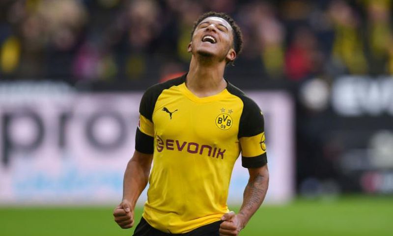 Borussia Dortmund England winger Jadon Sancho celebrates after scoring their opening goal in Saturday's 3-3 draw at home to Hoffenheim.