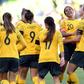 Sam Kerr (C) celebrates with her Australia teammates after scoring against Argentina during the Cup of Nations in Melbourne in March