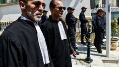Algerian lawyers and judges gather to support the independence of the judiciary outside the Justice Ministry in Algiers on April 13, 2019. Magistrates who play a key role overseeing the country's elections, say they will boycott a July 4 presidential e...