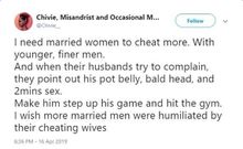 Cheat on him, if he complains, “point out his pot belly, bald head and 2 mins sex” – Feminist urges women