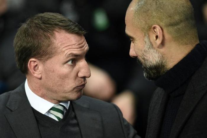 Brendan Rodgers (left) will be hoping to help out old club Liverpool when his Leicester side face Pep Guardiola's (right) Manchester City
