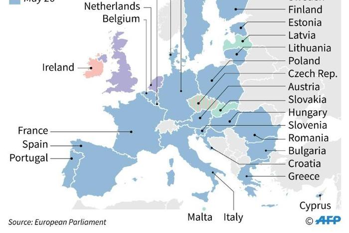 Map of Europe with the dates of the European Parliament elections in May 2019