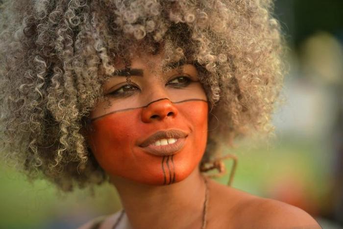 An indigenous woman participates in protests outside the National Congress building in Brasilia, Brazil, on April 24, 2019