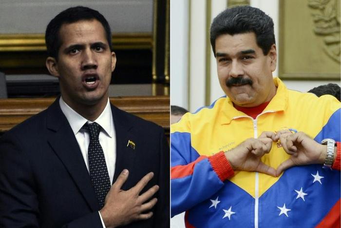 Opposition leader Juan Guaido (L) is locked in a battle with President Nicolas Maduro (R) for control of Venezuela