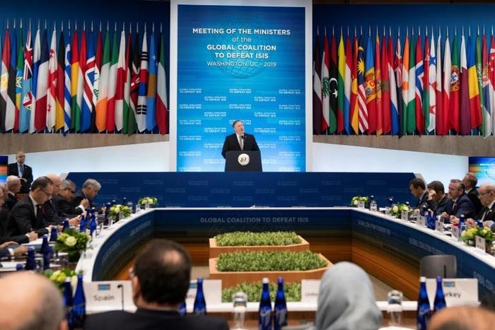 US Secretary of State Mike Pompeo addresses a 79-nation coalition meeting on defeating the Islamic State group