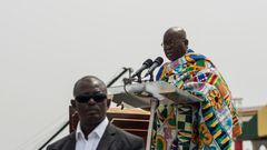 The winner of Ghana's presidential election, Nana Akufo-Addo, takes the oath of office during the swearing-in ceremony at Independence Square in Accra, on January 7, 2017