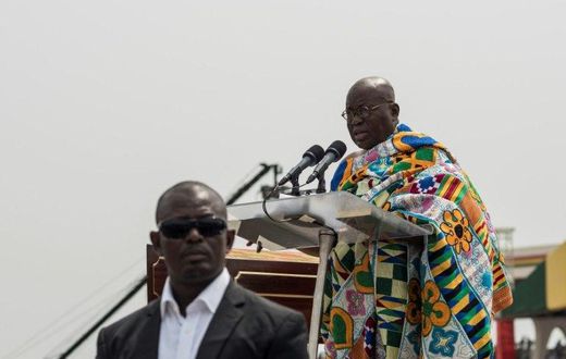 The winner of Ghana's presidential election, Nana Akufo-Addo, takes the oath of office during the swearing-in ceremony at Independence Square in Accra, on January 7, 2017
