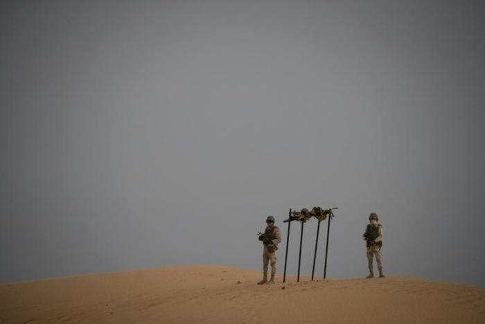 Mauritanian soldiers at a G5 Sahel task force command post in the southeast of Mauritania near the border with Mali