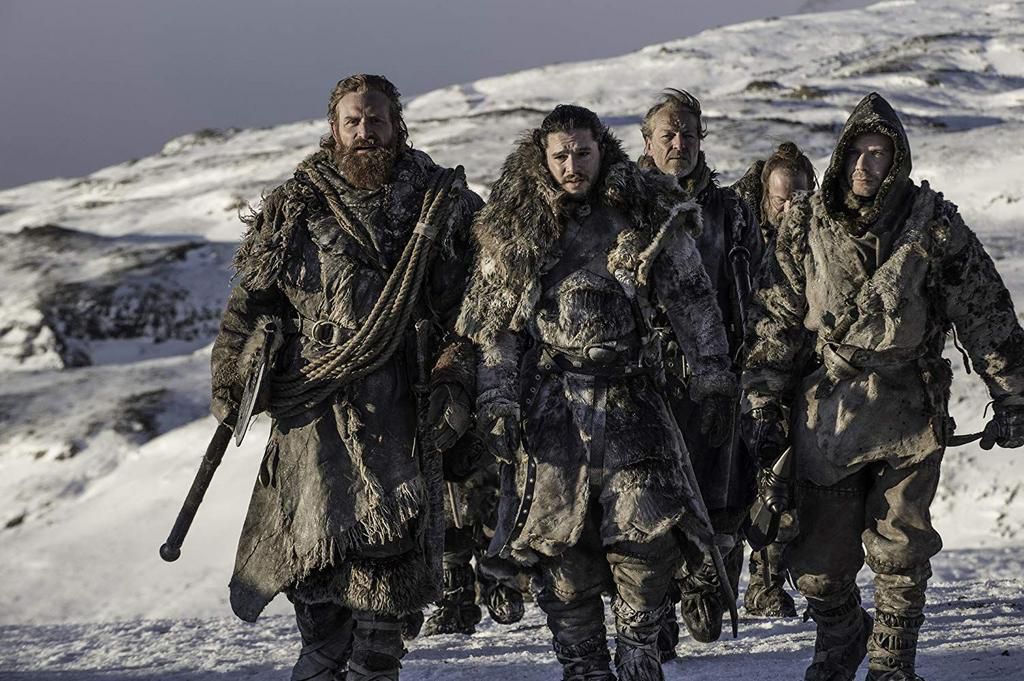 Dempsie (far right) alongside Game of Thrones co-stars Kit Harrington, Iain Glen, and Kristofer Hivju. From "Beyond the Wall"