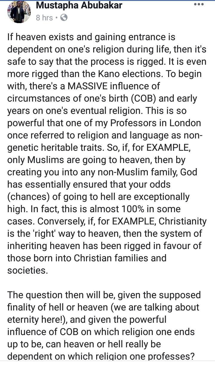 The process of making it to heaven is unfair - Man blames God