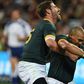 Springbok winger Cornal Hendricks (R) celebrates scoring a try against New Zealand in a 2014 Rugby Championship match in Wellington