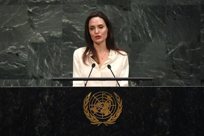Angelina Jolie addressing a meeting of UN peacekeeping officials at the world body's headquarters in New York