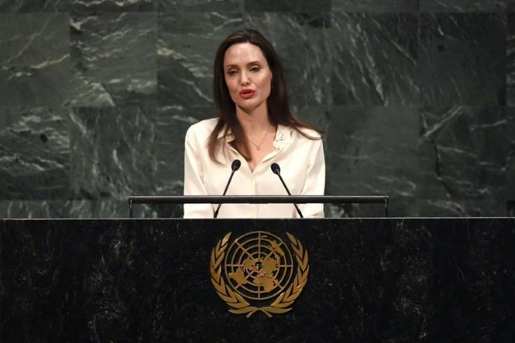 Angelina Jolie addressing a meeting of UN peacekeeping officials at the world body's headquarters in New York
