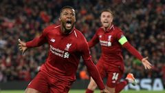 Liverpool midfielder Georginio Wijnaldum celebrates after scoring against Barcelona
