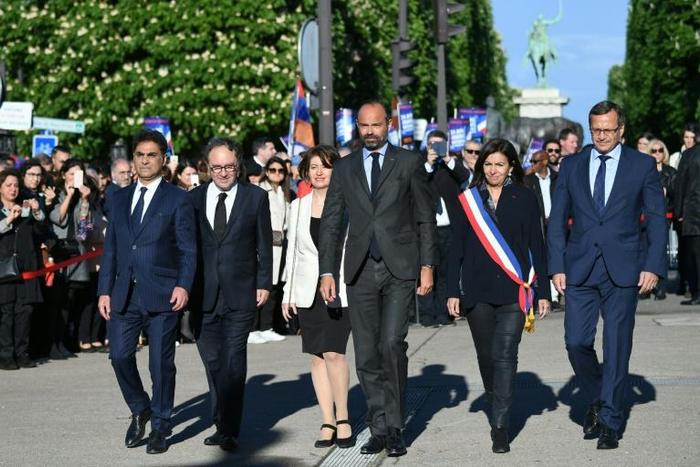 (L-R) CCAF co-presidents Mourad Franck Papazian and Ara Toranian, Armenian Ambassador Hasmik Tolmajian, French Prime Minister Edouard Philippe, Paris mayor Anne Hidalgo and CHREDO president Patrick Karam attend a ceremony for the Armenian genocide