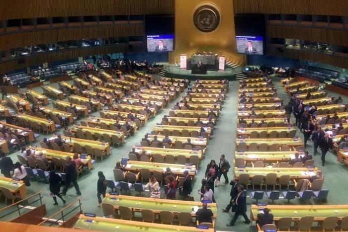 Diplomats leave the United Nations General Assembly in protest as Venezuelan Foreign Minister Jorge Arreaza starts speaking about multilateralism