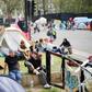 Climate change activists at the Extinction Rebellion group's environmental protest camp in Marble Arch central London where they are regrouping after blocking some of the capital's business thoroughfares